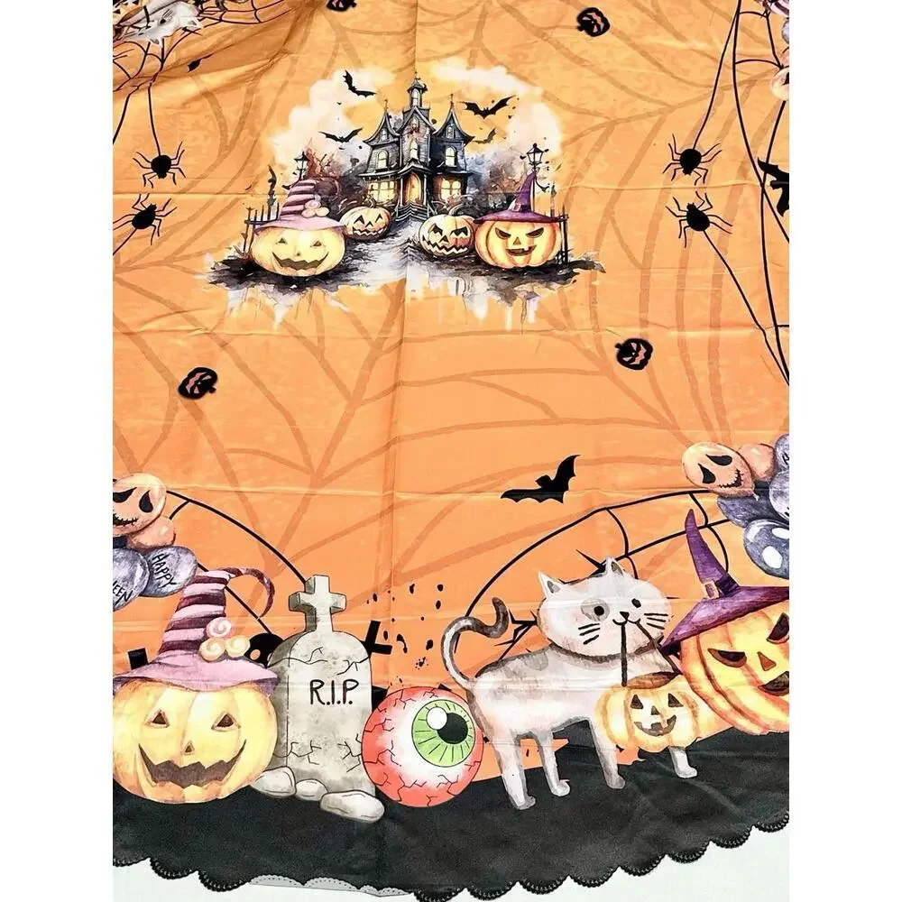 NEW Round Tablecloth Halloween Theme Orange Black Lining Pumpkins Spiders Bats